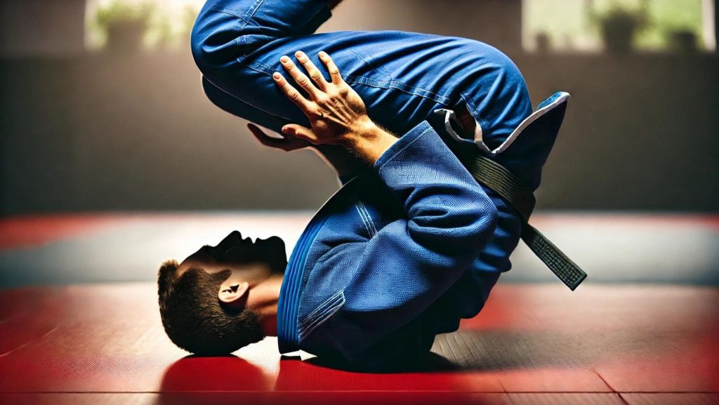 A person executing a bridge move in a BJJ class, showcasing the engagement of core muscles. The person is wearing a blue gi and is positioned on a red mat.