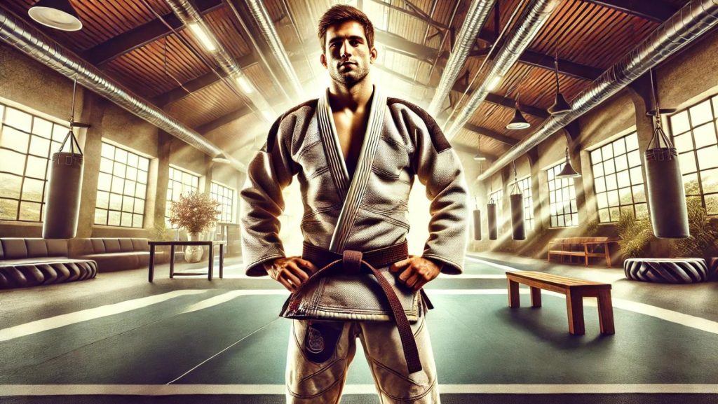 A brown belt BJJ Practitioner wearing a Gi and standing in a beautiful Gym.