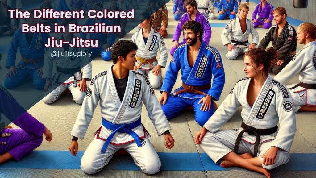 A group of BJJ practitioners in a dojo, each wearing different colored belts